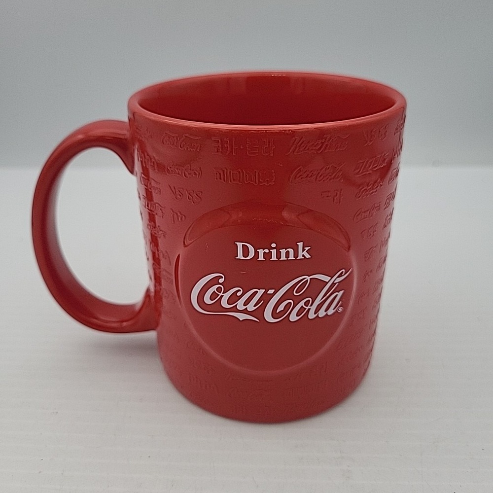 Drink Coca Cola Coke Red Embossed Foreign Languages Mug Ceramic Coffee Cup